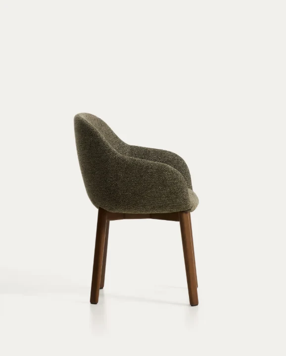 Meila chair with armrests in green chenille with legs in walnut finish.