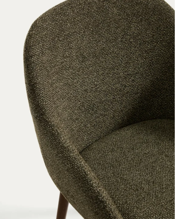 Meila chair with armrests in green chenille with legs in walnut finish.