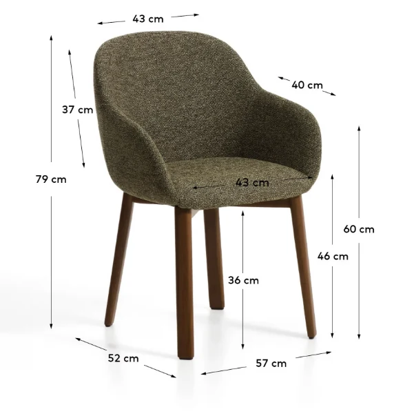 Meila chair with armrests in green chenille with legs in walnut finish.
