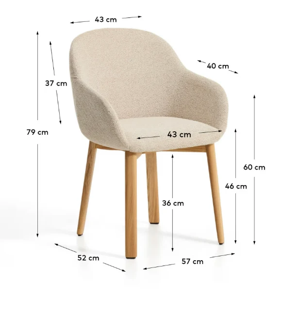 Meila chair with armrests in beige chenille with legs in natural finish