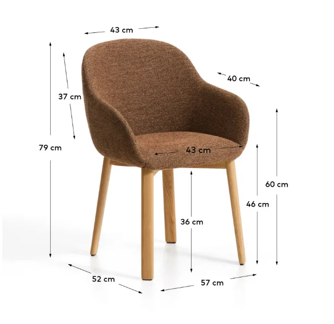 Meila chair with armrests in terracotta chenille with legs in natural finish