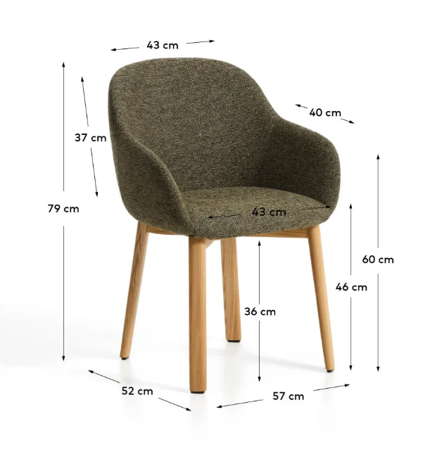 Meila chair with armrests in green chenille with legs in natural finish