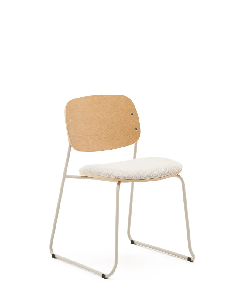 Meli stackable chair in poplar plywood with beige chenille seat and beige metal legs