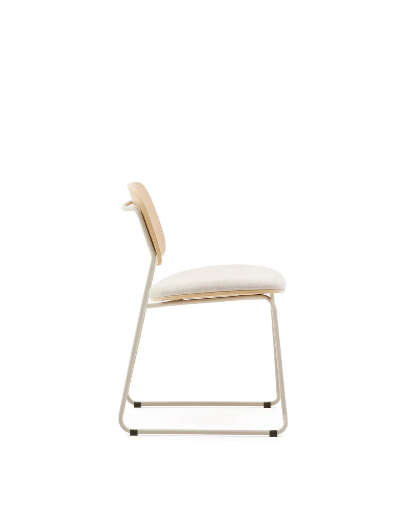 Meli stackable chair in poplar plywood with beige chenille seat and beige metal legs