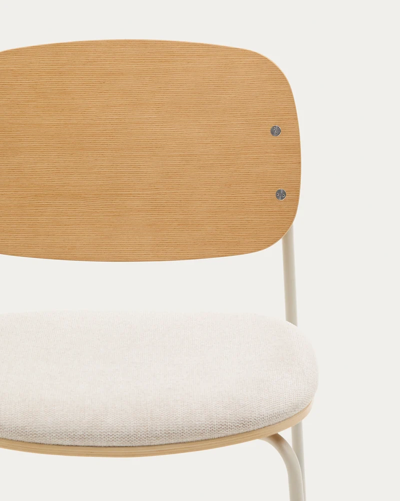Meli stackable chair in poplar plywood with beige chenille seat and beige metal legs