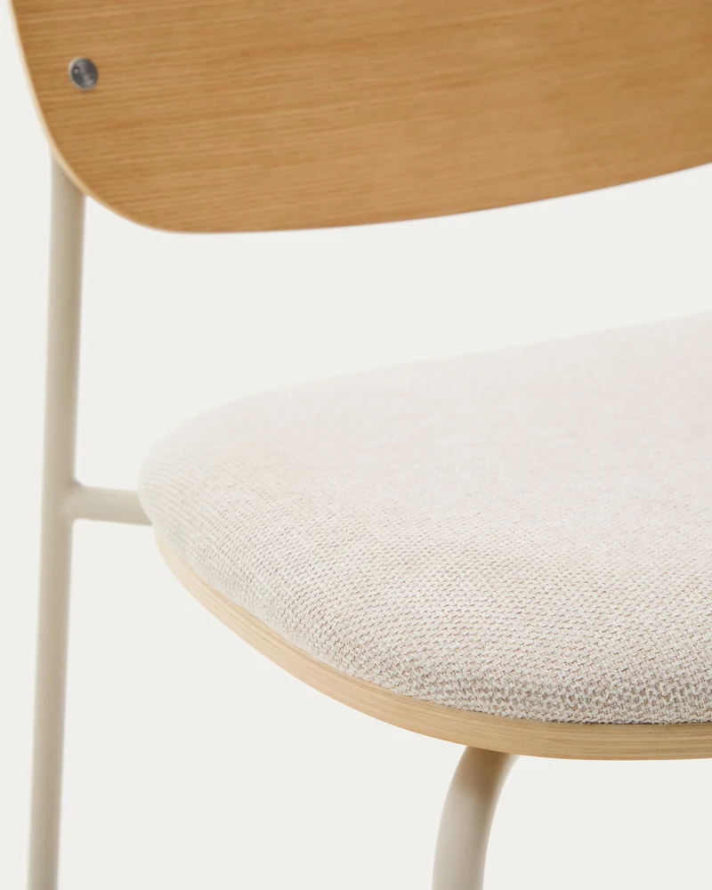 Meli stackable chair in poplar plywood with beige chenille seat and beige metal legs