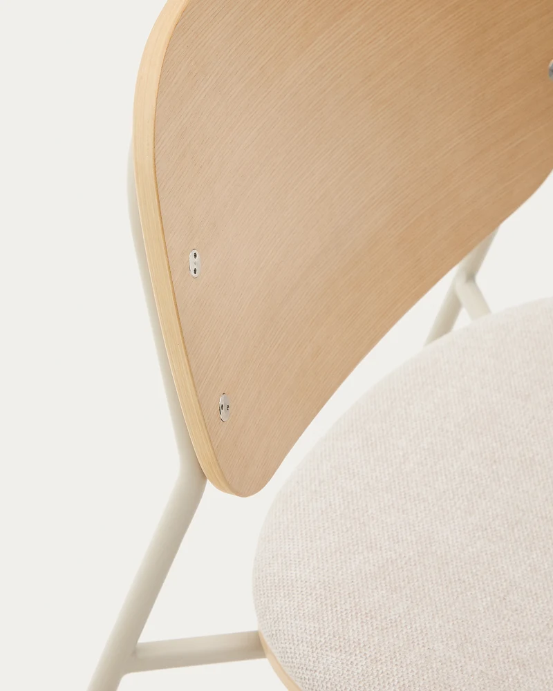 Meli stackable chair in poplar plywood with beige chenille seat and beige metal legs