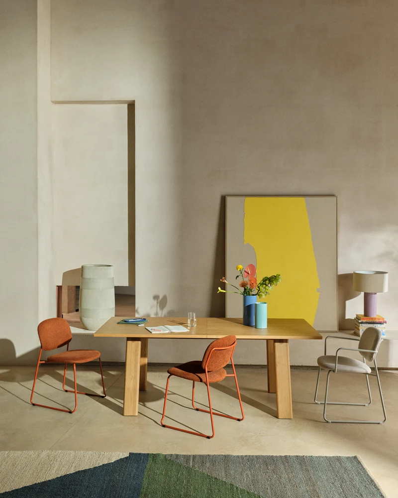 Meli stackable chair in terracotta chenille with terracotta metal legs