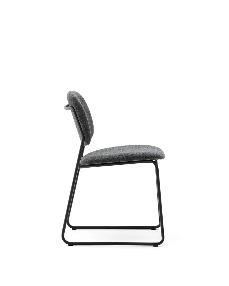 Meli stackable chair in grey chenille with grey metal legs