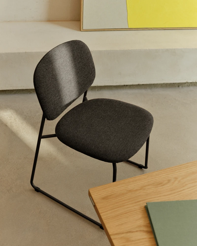Meli stackable chair in grey chenille with grey metal legs