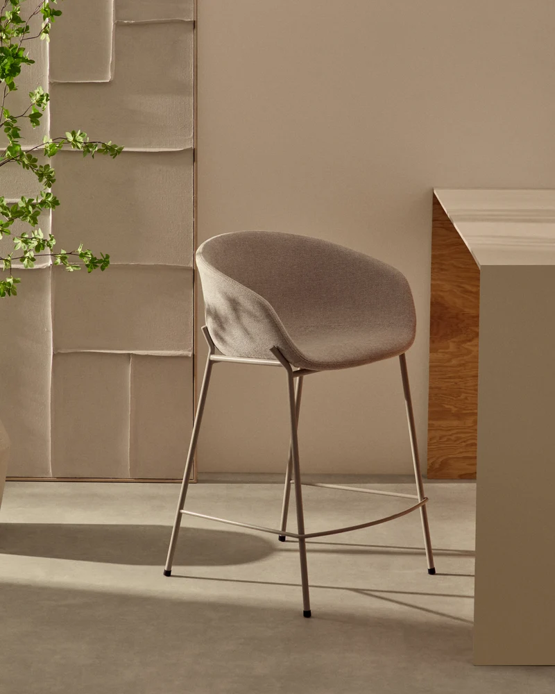 Yvette stool in beige chenille and steel legs in a beige finish 65 cm