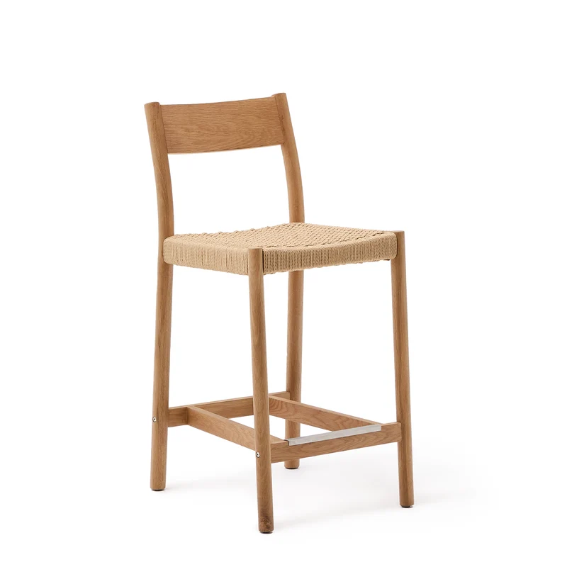 Yalia stool with a backrest in solid oak wood in a natural finish and rope cord seat 65 cm