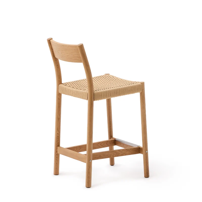 Yalia stool with a backrest in solid oak wood in a natural finish and rope cord seat 65 cm