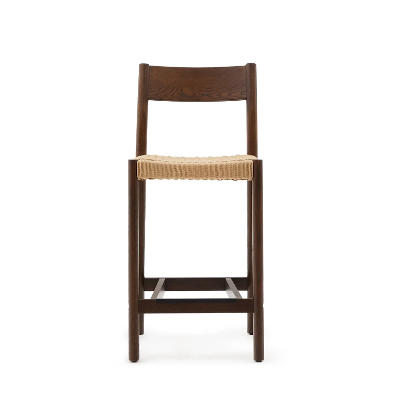 Yalia stool with a backrest in solid oak wood in a walnut finish and rope cord seat 65 cm