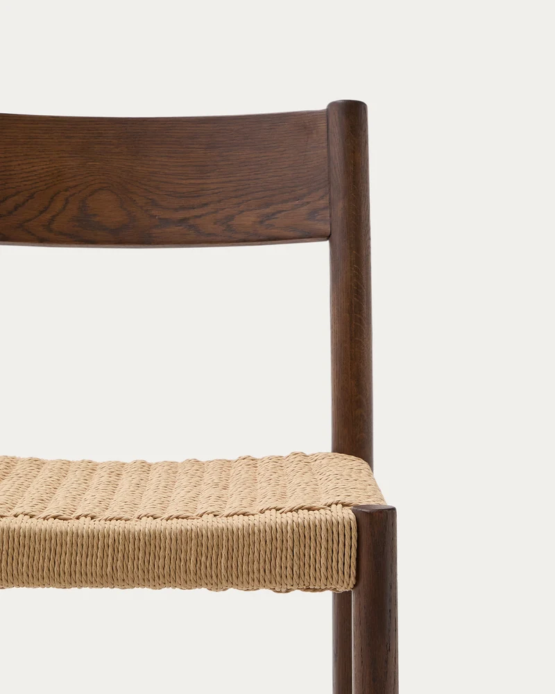 Yalia stool with a backrest in solid oak wood in a walnut finish and rope cord seat 65 cm