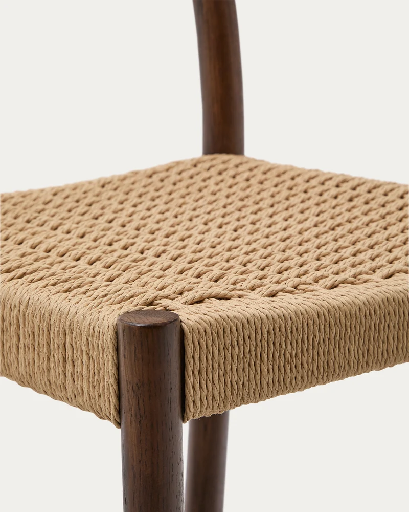 Yalia stool with a backrest in solid oak wood in a walnut finish and rope cord seat 65 cm