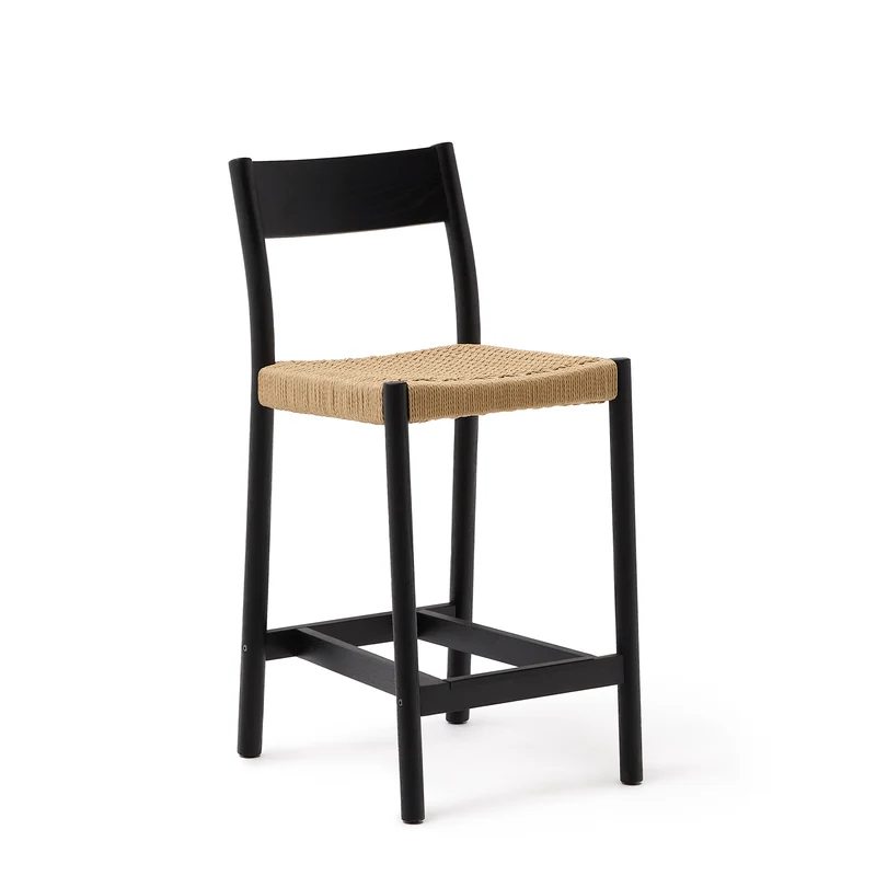 Yalia stool with a backrest in solid oak wood in a black finish and rope cord seat 65 cm
