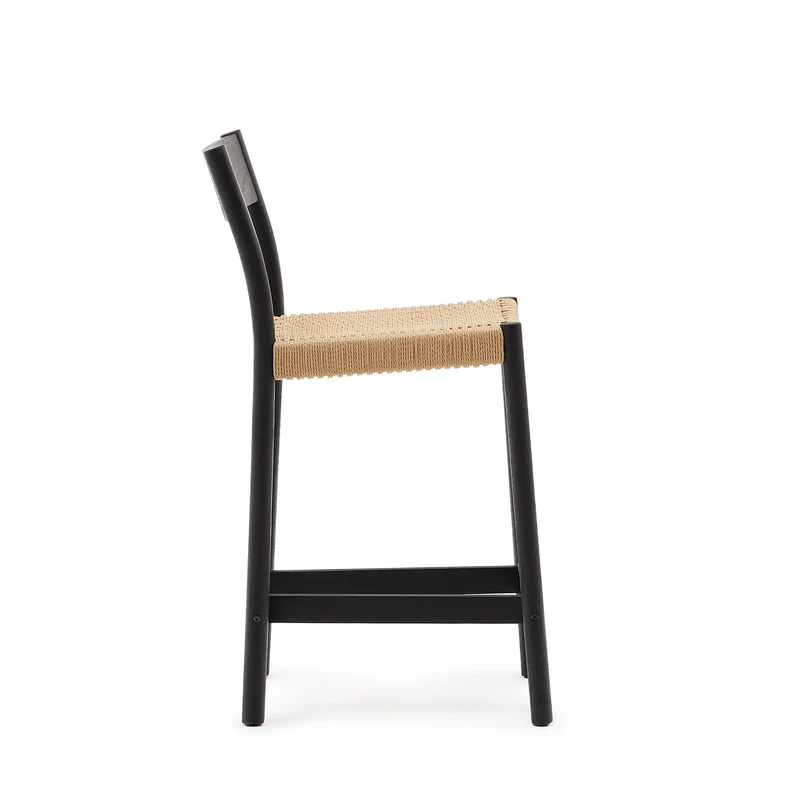 Yalia stool with a backrest in solid oak wood in a black finish and rope cord seat 65 cm