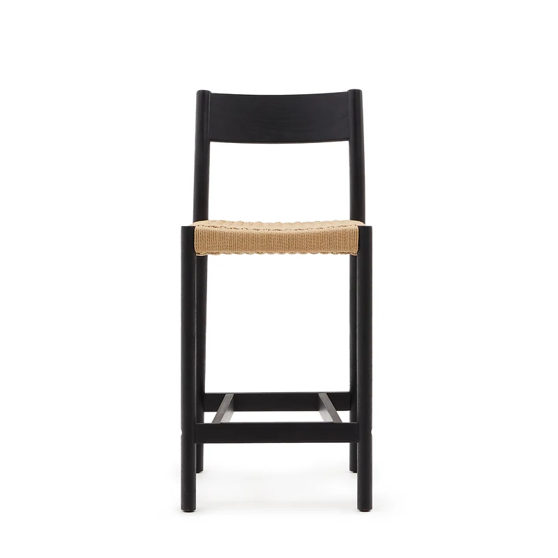 Yalia stool with a backrest in solid oak wood in a black finish and rope cord seat 65 cm