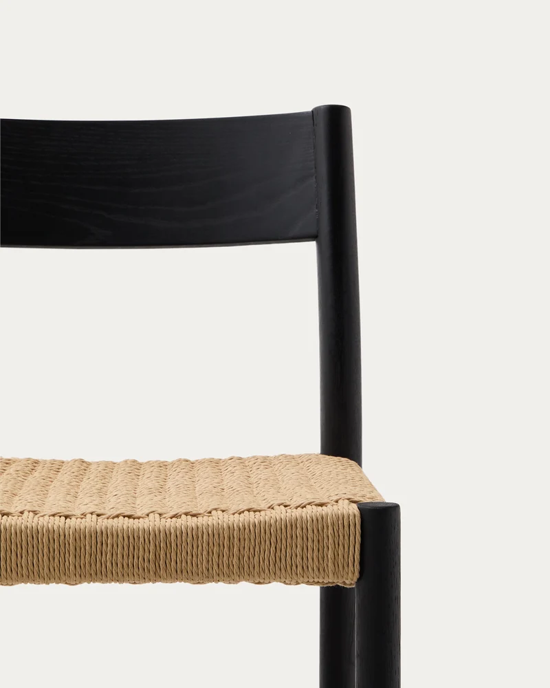 Yalia stool with a backrest in solid oak wood in a black finish and rope cord seat 65 cm