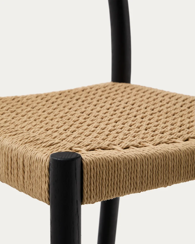 Yalia stool with a backrest in solid oak wood in a black finish and rope cord seat 65 cm