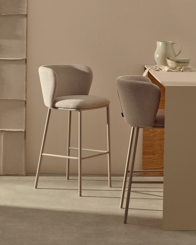 Ciselia stool in beige chenille and beige legs 65 cm