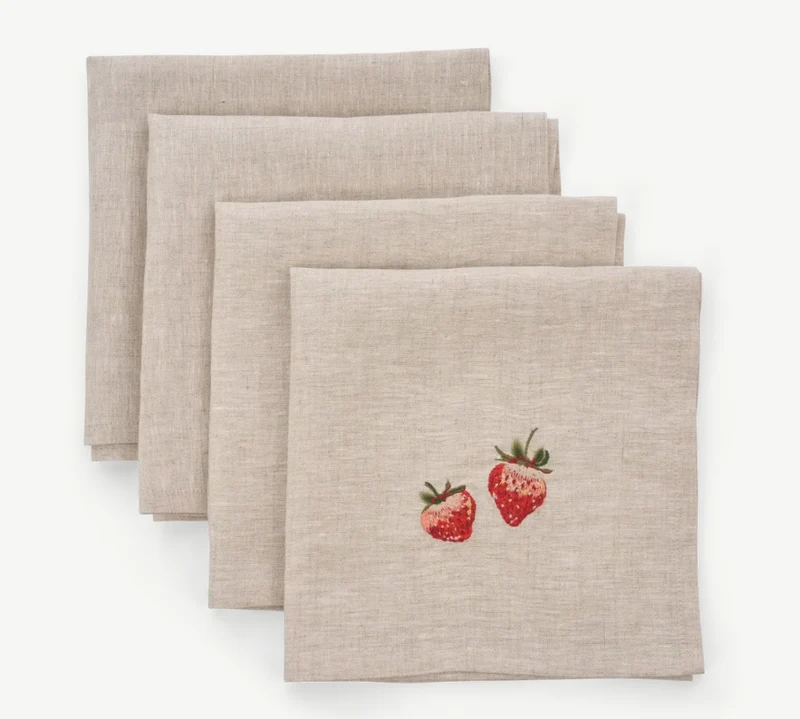 Strawberry Linen Embroidered Napkins - Set of 4