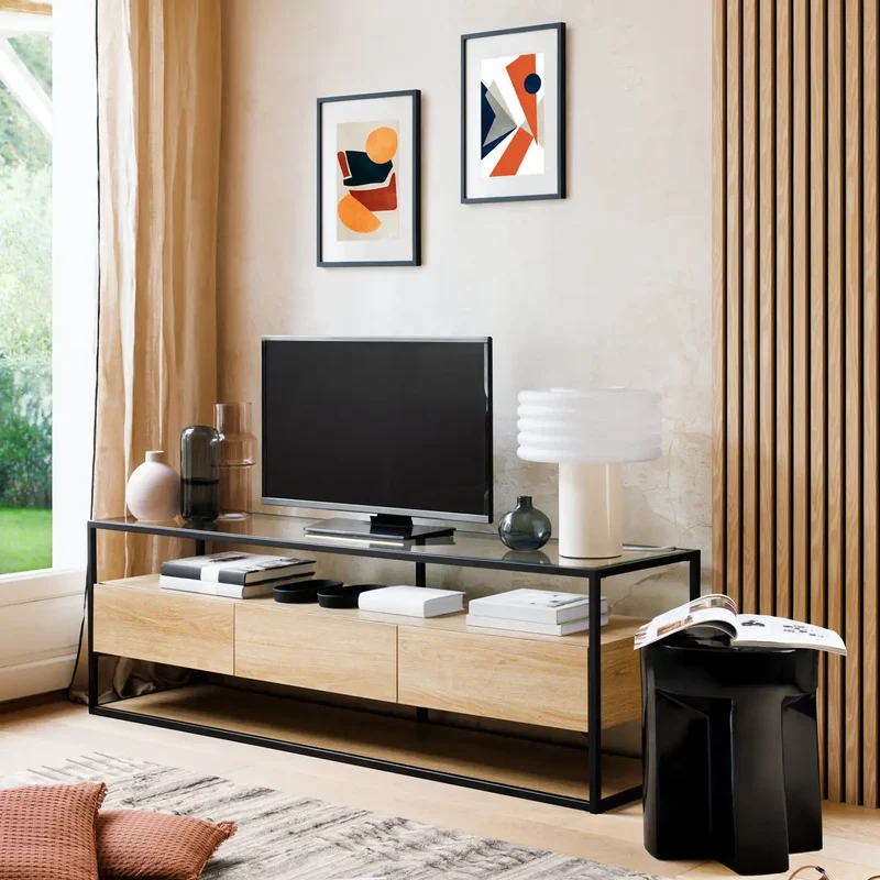 Panneau décoratif tasseaux bois Colva Effet chêne clair, fond noir, 240x60 cm