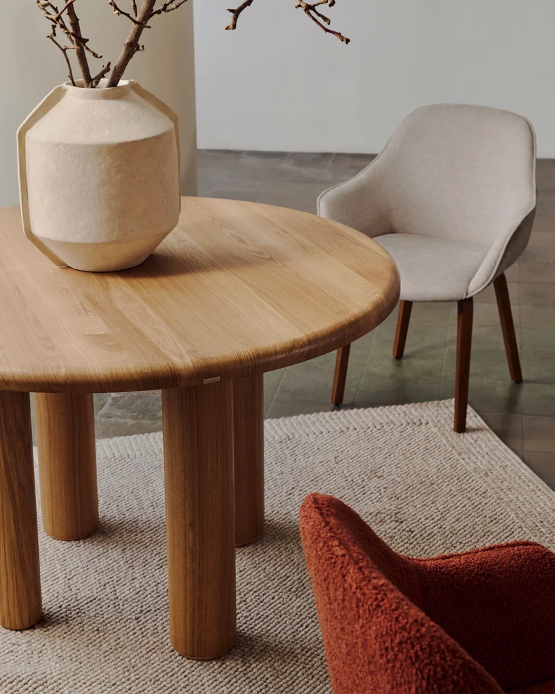 Aleli beige chenille chair with solid ash wood legs and natural finish