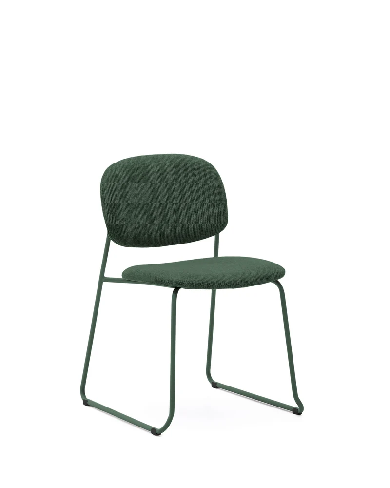 Meli stackable chair in green chenille with green metal legs