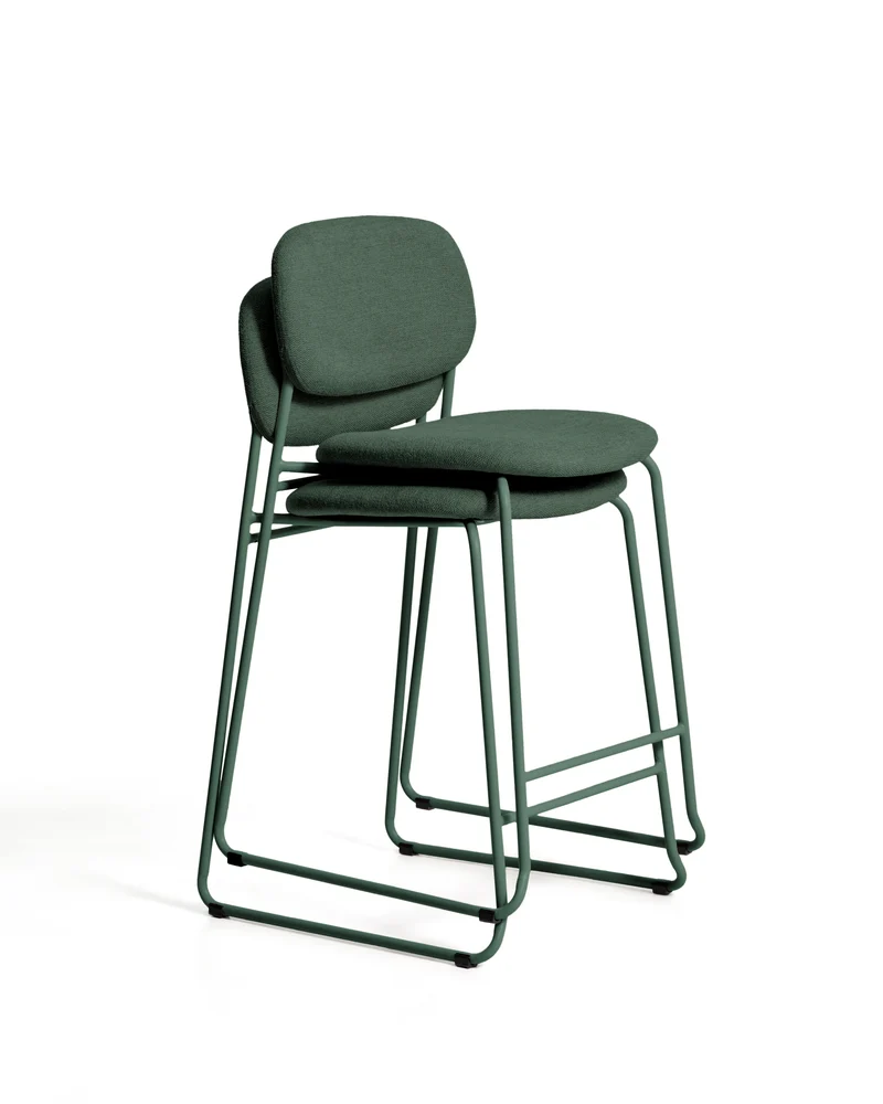 Meli stackable stool in green chenille with green metal legs 65cm