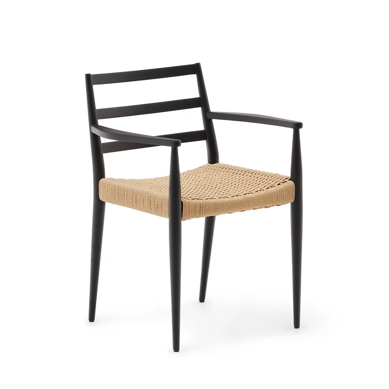 Analy chair with armrests in solid oak wood in a black finish and rope cord seat