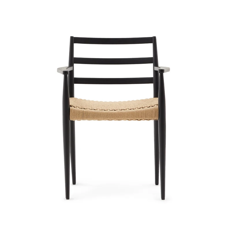 Analy chair with armrests in solid oak wood in a black finish and rope cord seat