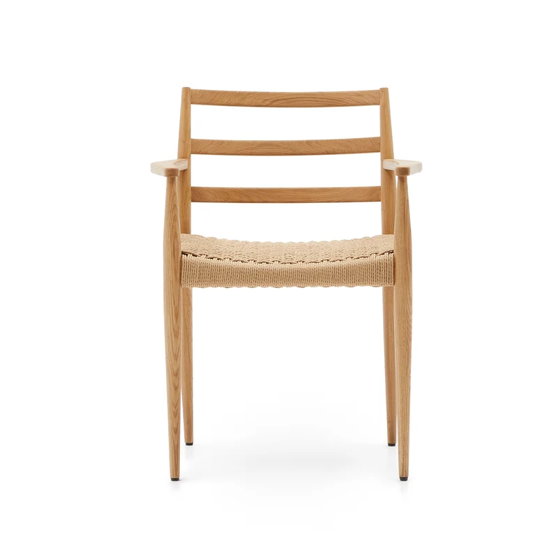 Analy chair with armrests in solid oak wood in a natural finish and rope cord seat