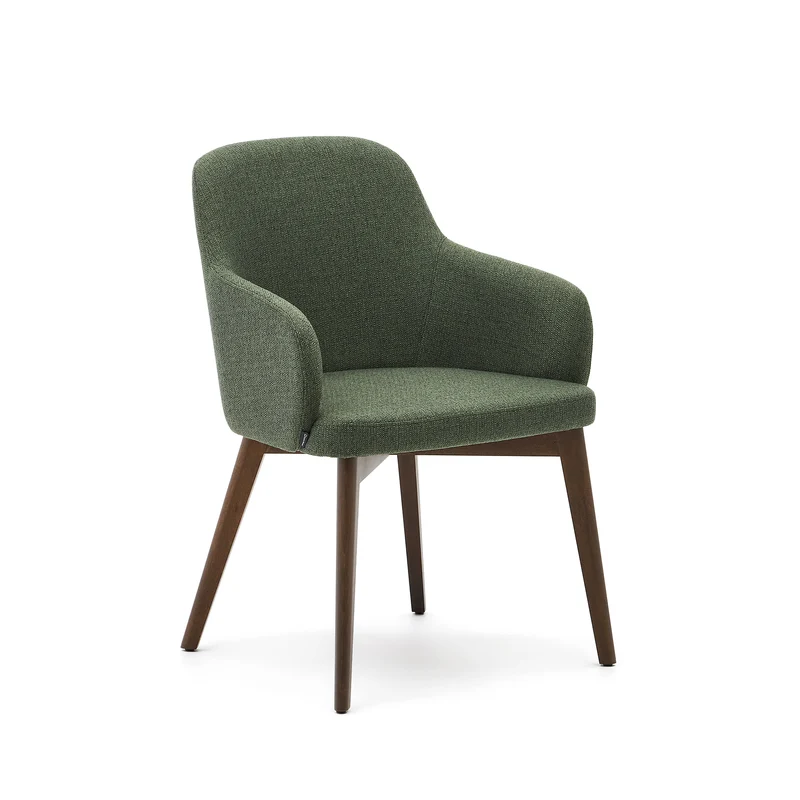 Nelida chair in green chenille and solid beech wood in a walnut finish