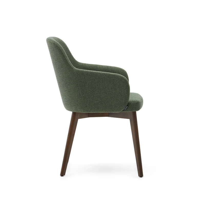 Nelida chair in green chenille and solid beech wood in a walnut finish