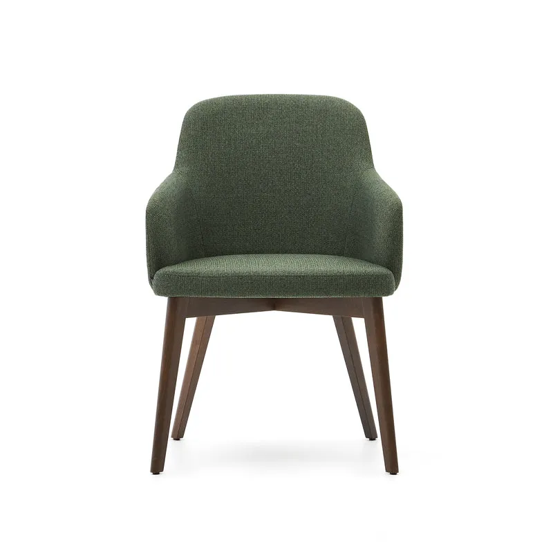 Nelida chair in green chenille and solid beech wood in a walnut finish