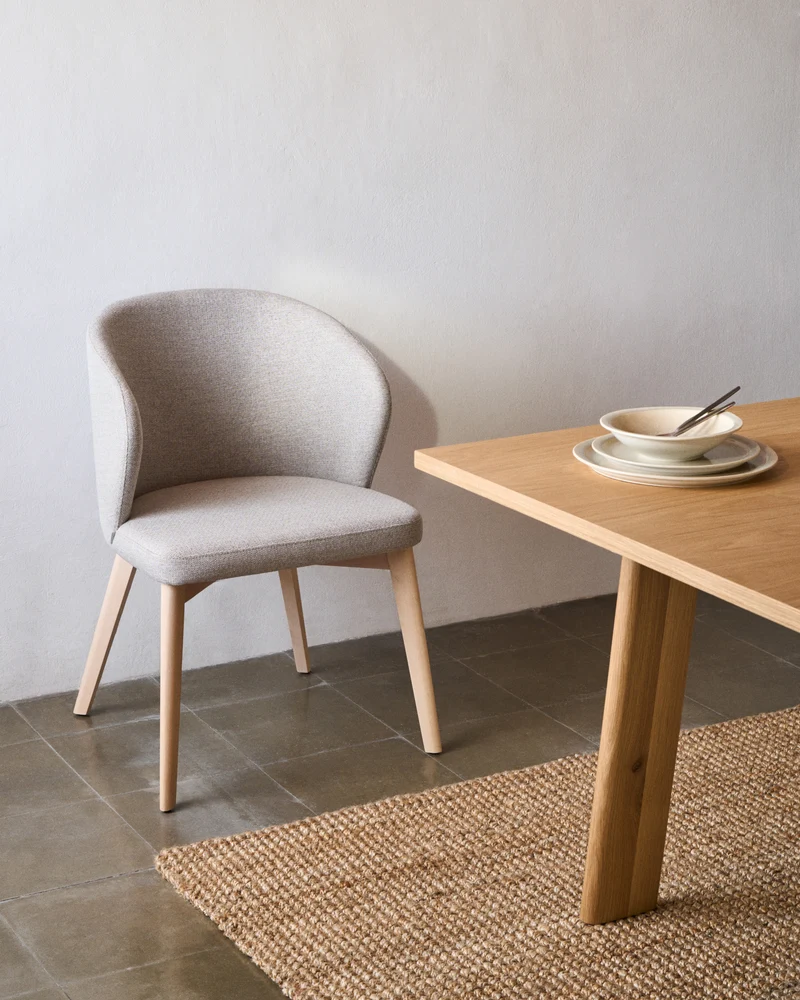 Darice chair in brown chenille and solid beech wood in a walnut finish