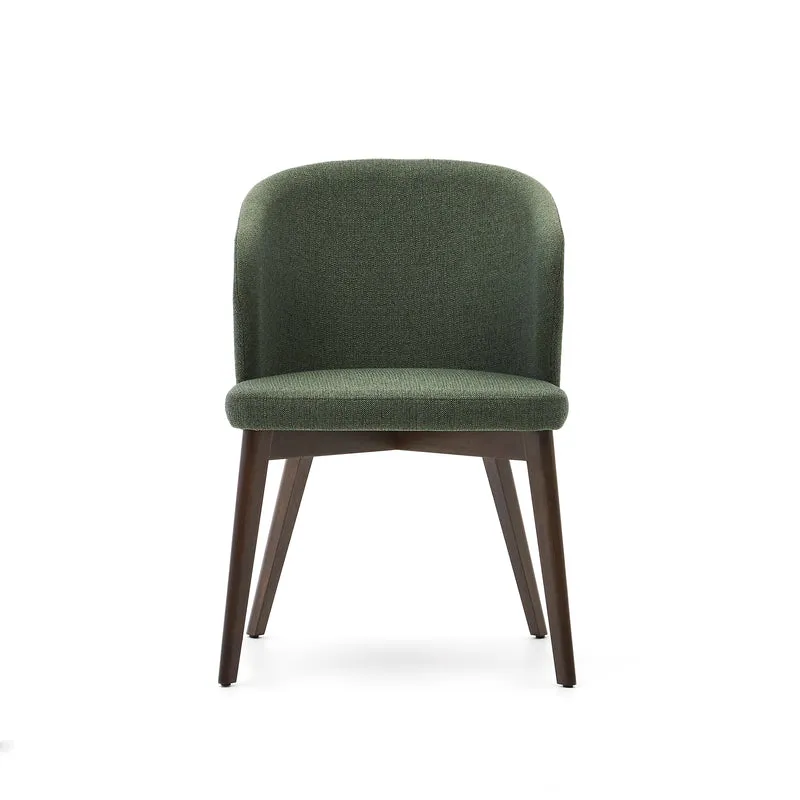 Darice chair in green chenille and solid beech wood in a walnut finish