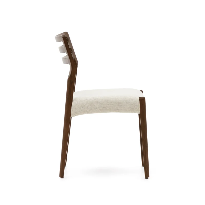 Cudia chair removable cover in beige chenille solid oak wood walnut finish FSC Mix Credit