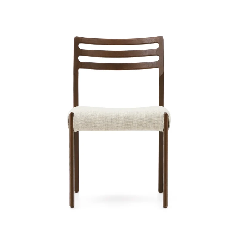 Cudia chair removable cover in beige chenille solid oak wood walnut finish FSC Mix Credit