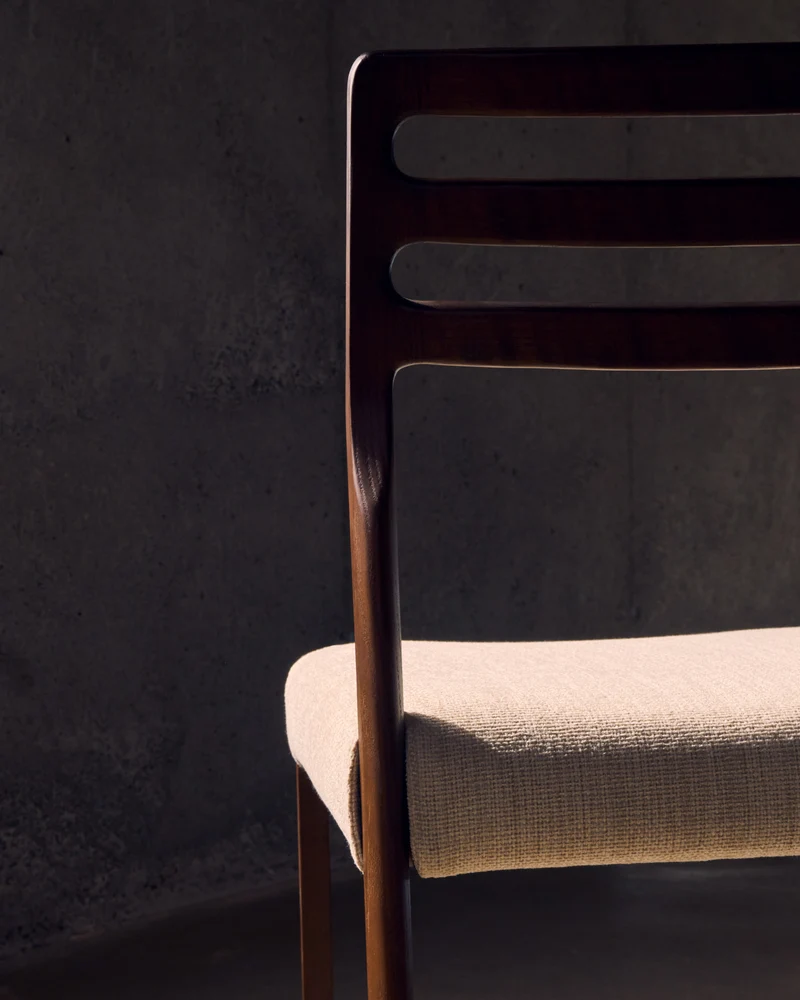 Cudia chair removable cover in beige chenille solid oak wood walnut finish FSC Mix Credit