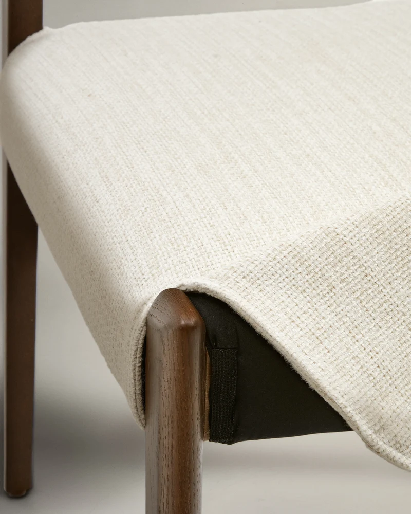 Cudia chair removable cover in beige chenille solid oak wood walnut finish FSC Mix Credit