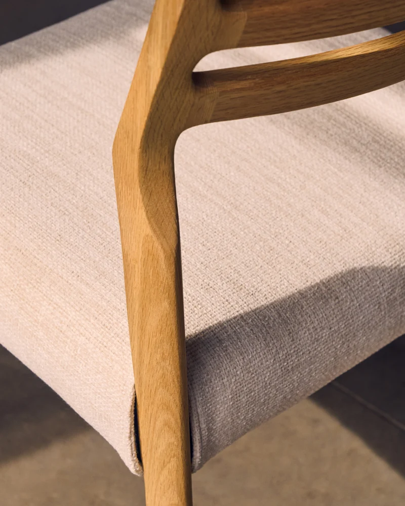 Cudia chair removable cover in beige chenille solid oak wood natural finish FSC Mix Credit
