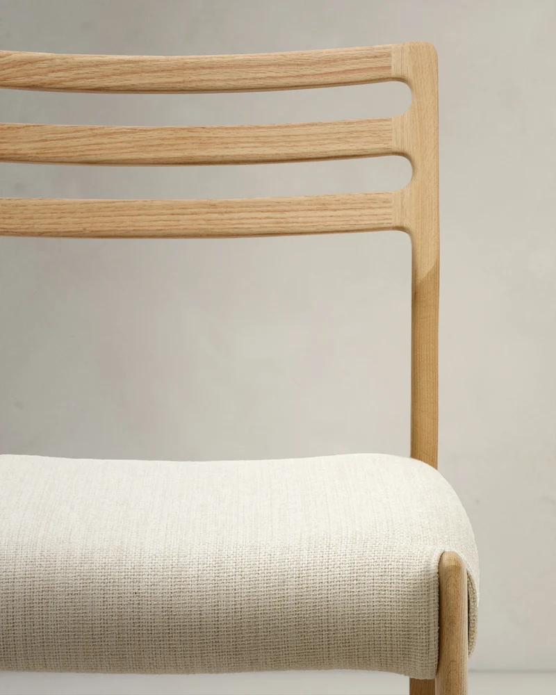Cudia chair removable cover in beige chenille solid oak wood natural finish FSC Mix Credit