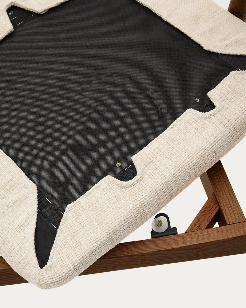 Timons chair removable cover in beige chenille solid oak wood walnut finish FSC Mix Credit
