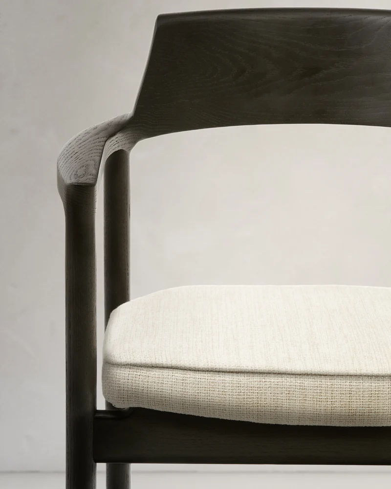 Alocs chair removable cover in beige chenille solid oak wood black finish FSC Mix Credit