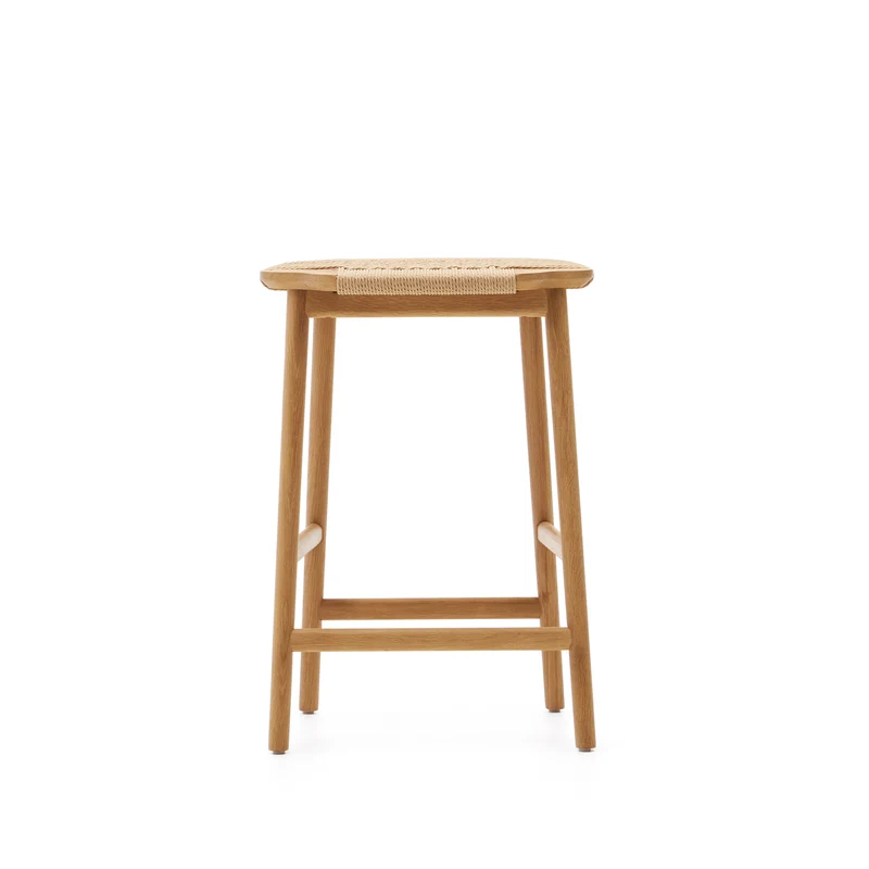 Enit stool made of beige paper cord and solid oak wood with natural finish, 65cm FSC Mix Credit