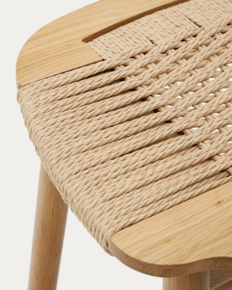 Enit stool made of beige paper cord and solid oak wood with natural finish, 65cm FSC Mix Credit