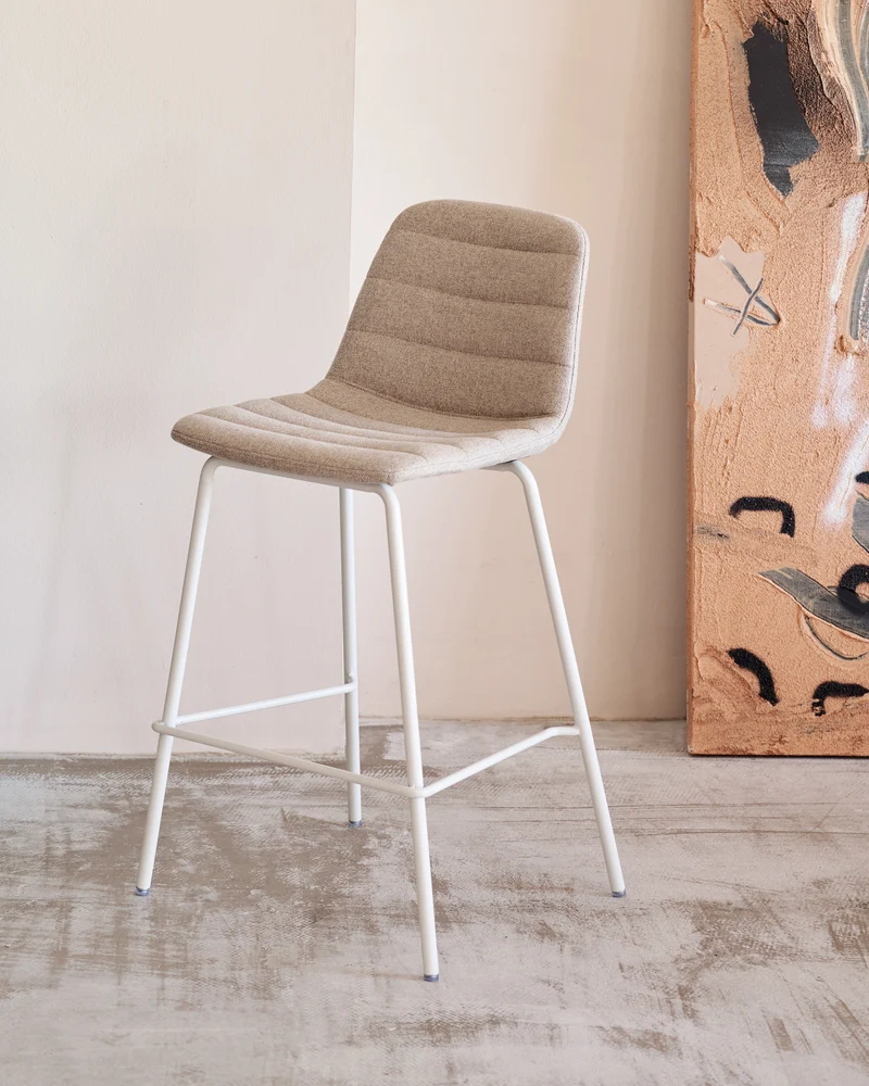 Zunilda stool in beige chenille and steel with matt white finish 65 cm